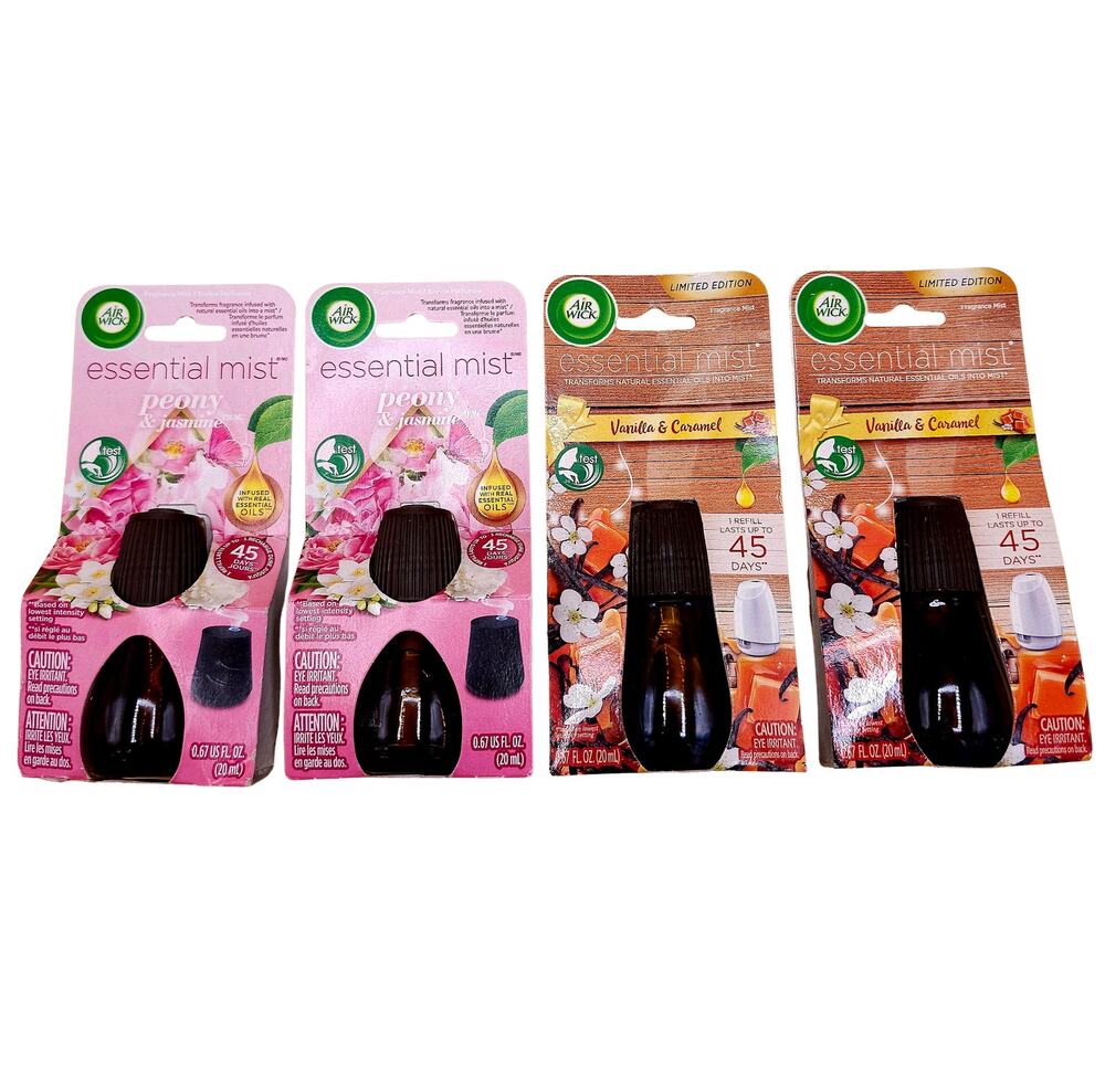Air Wick Essential Mist Refills (2) Vanilla & Caramel (2) Peony & Jasmine 0.67oz